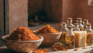 Clay bowls of dried calendula petals and bottles of infused oil